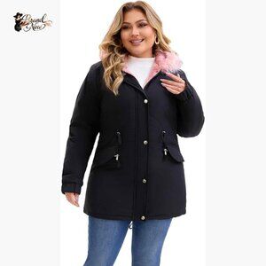 Plus Size Parka Jacket with Faux Fur Hood Fleece Lined Winter Coat